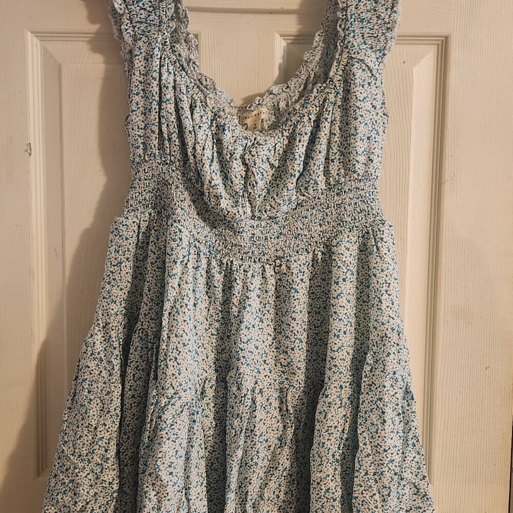 Aeropostale Blue & White Floral Smocked Waist Tiered Ruffle Mini Dress
